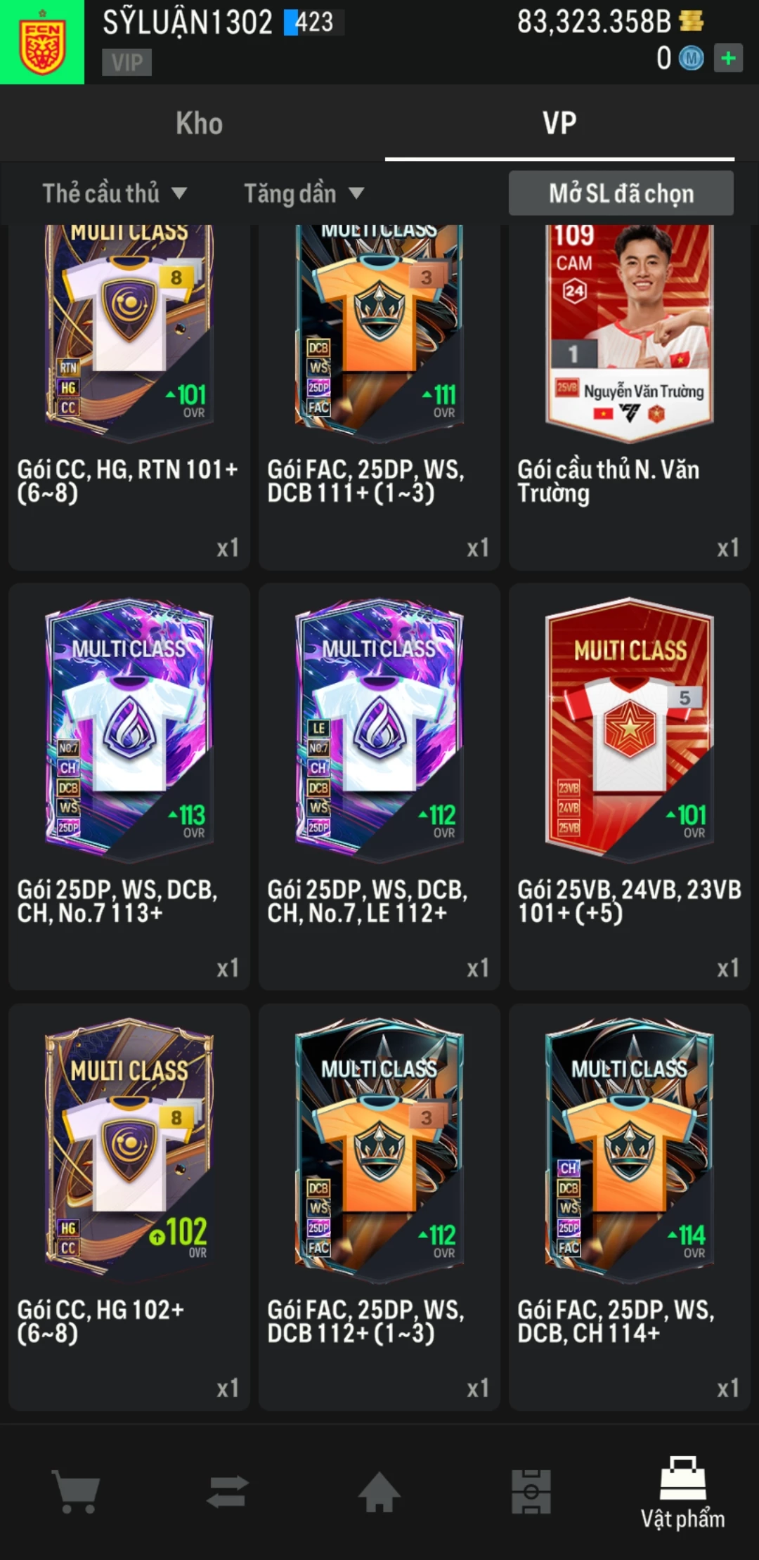 Ảnh ACC mở thẻ (LOẠI SVIP PROMAX) bao gồm có 01 thẻ +12, 03 thẻ PRIME (QH+, CP+, XS+) và hơn 1600+ đến 3500+ thẻ cầu thủ từ Siêu sao đến Miền núi các loại. Acc có sẵn BP trắng từ 55.000 tỷ BP đến 90.000 tỷ BP